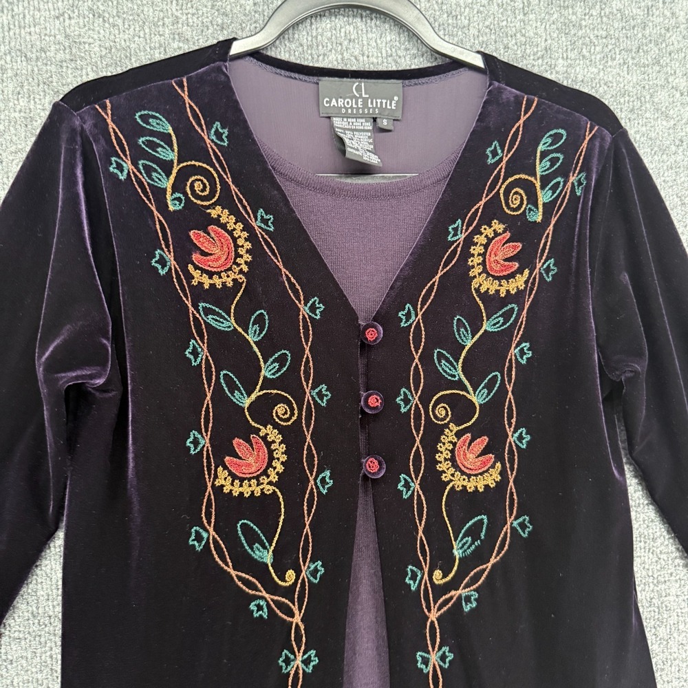 Vintage Carole Little Dress Womens S Purple Velvet Embroidered Kaftan Boho Goth - Picture 2 of 7